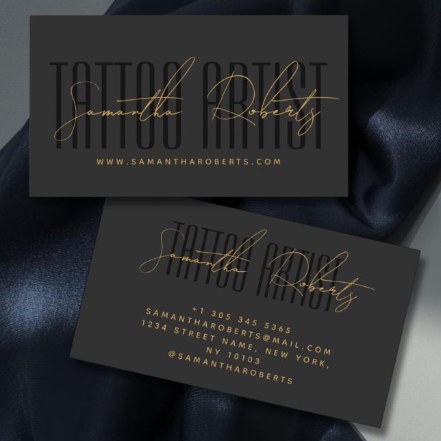 Tarjeta De Visita Tattoo artist modern typography script gray black (Subido por el creador)
