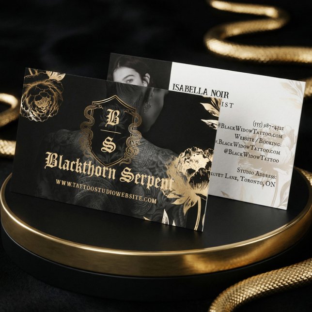 Tarjeta De Visita Tattoo Artist Photo Monogram Black Gold Snake  (Tattoo Artist Photo Monogram Black Gold Snake Business Card)