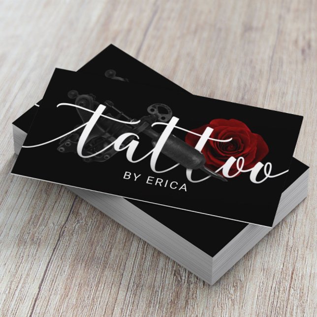 Tarjeta De Visita Tattoo Artist Tattoo Gun & Rose Typography (Subido por el creador)