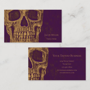 Tarjeta De Visita Tattoo Shop Gold Purple Gothic Skull Head