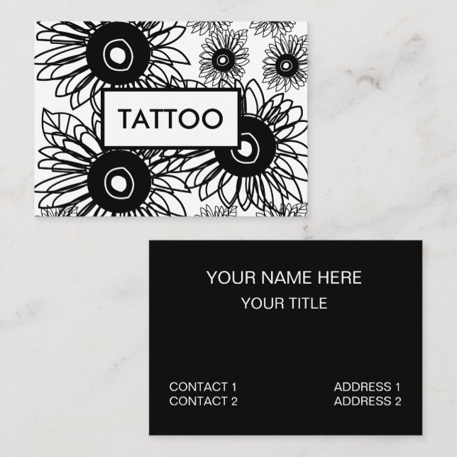Tarjeta De Visita Tattoo Sunflower Floral Tatuaje blanco negro (Anverso / Reverso)