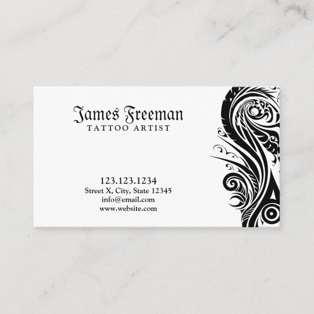 Tarjeta De Visita Tatuador de tatuajes tribales blanco y negro oscur (Anverso)