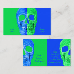Tarjeta De Visita Tatuaje azul verde neón gótico de media calavera