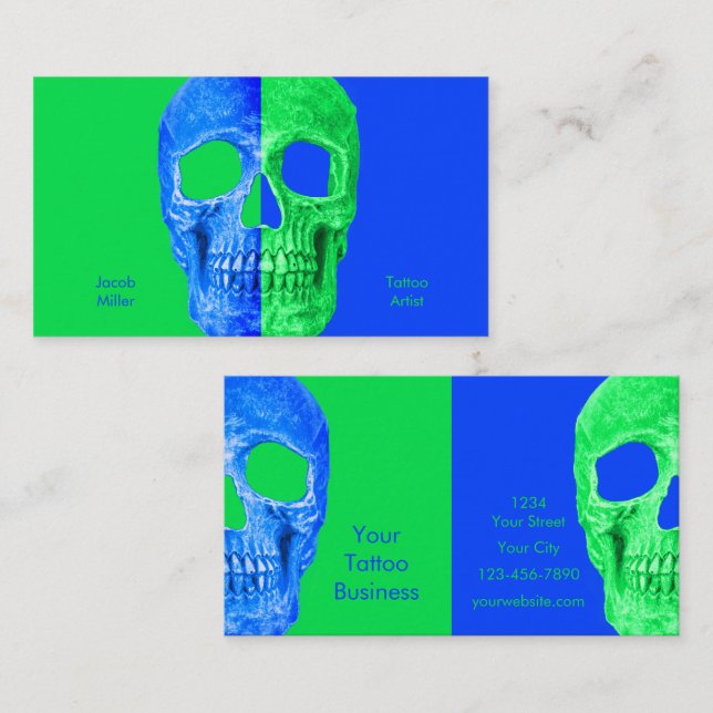 Tarjeta De Visita Tatuaje azul verde neón gótico de media calavera (Anverso / Reverso)