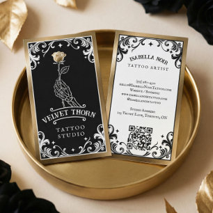 Tarjeta De Visita Tatuaje de oro negro Artista Esqueleto Floral Rosa