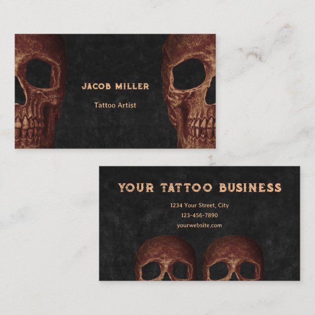 Tarjeta De Visita Tatuaje negro gótico de media calavera (Anverso / Reverso)
