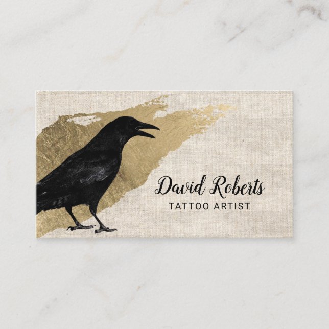 Tarjeta De Visita Tatuaje y Piercing Black Crow Gold Stroke Elegante (Anverso)