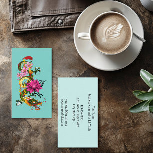 Tarjeta De Visita Tatuajes de dragón chino verde neón y flor de loto