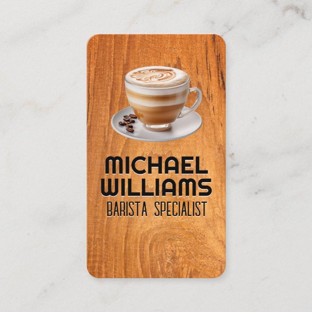 Tarjeta De Visita Taza Caliente de Café | Mesa de Madera (Anverso)