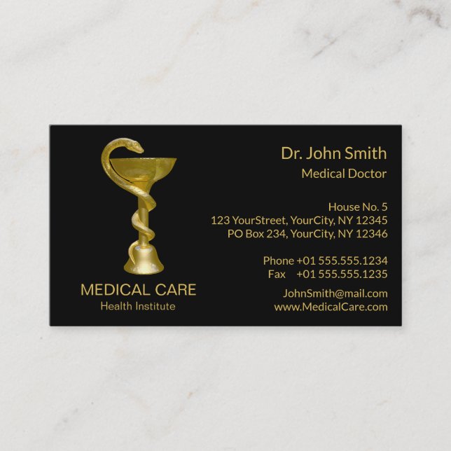 Tarjeta De Visita Tazón de serpiente médica Hygieia Gold Classy Cadu (Anverso)