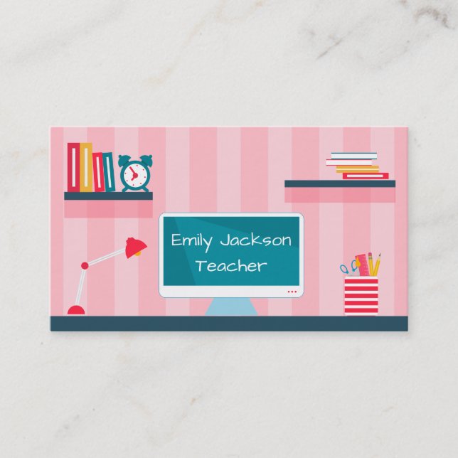 Tarjeta De Visita Teacher de rayas rosadas Tema escolar (Anverso)