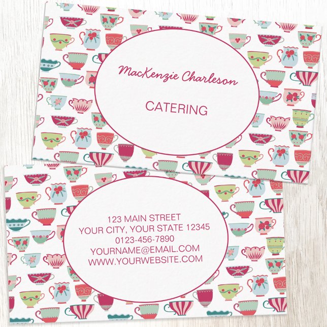 Tarjeta De Visita Teacups (Retro tea cup pattern catering cafe bakery custom business card)