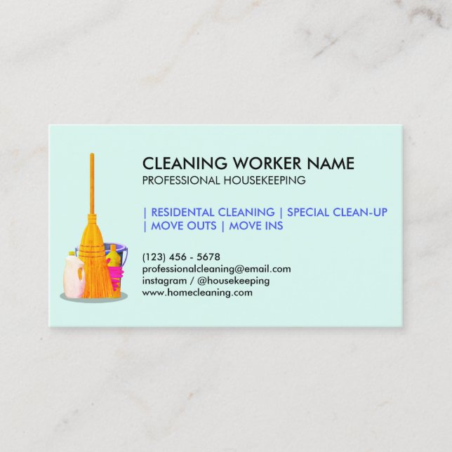 Tarjeta De Visita teal Cleaning Service Housekeeper Janitorial (Anverso)