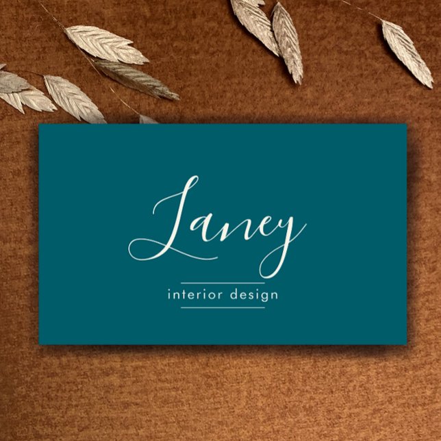 Tarjeta De Visita Teal Custom QR Code Interior Design Professional (Custom elegant script teal and cream simple interior design professional business card template.
)