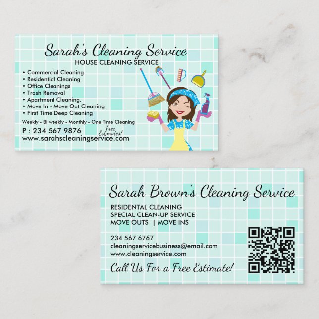 Tarjeta De Visita Teal Maid Janitorial Lady qr code Cleaning Service (Anverso / Reverso)