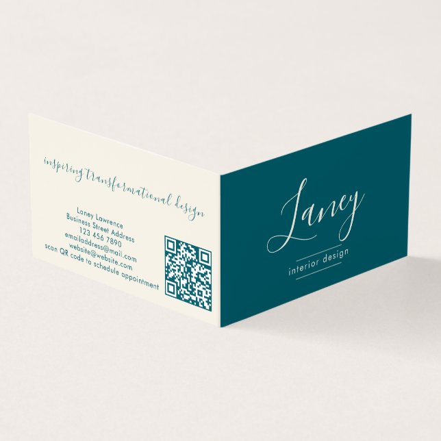 Tarjeta De Visita Teal Modern Elegant Script QR Code Professional (Exterior)