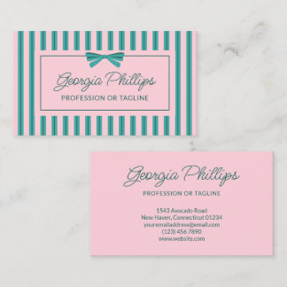 Tarjeta De Visita Teal & Pink Stripes & Bow Retro