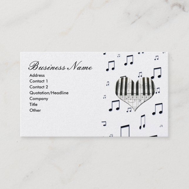 Tarjeta De Visita Teclado Piano Heart & Music Notes (Anverso)