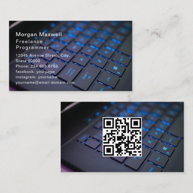 Tarjeta De Visita Teclado Programador de computadora Código QR azul  (Anverso / Reverso)
