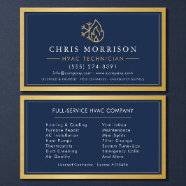 Tarjeta De Visita Técnico de HVAC Azul Marino Metálico Dorado