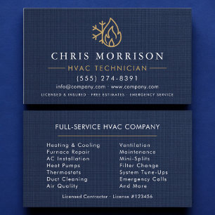 Tarjeta De Visita Técnico de HVAC Azul Marino Oro Lino