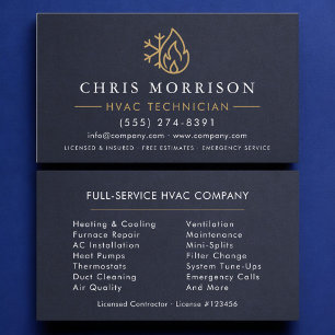 Tarjeta De Visita Técnico de HVAC Azul Marino Oro Moderno