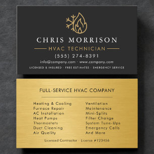 Tarjeta De Visita Técnico de HVAC Logo Metálico Negro y Dorado