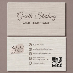 Tarjeta De Visita Técnico de Pestañas Código QR Lino Beige Moderno E