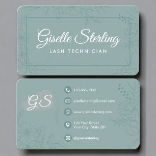Tarjeta De Visita Técnico de Pestañas Verde Turquesa Floral