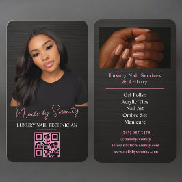 Tarjeta De Visita Técnico de Uñas Código QR Metálico Rosa Negro