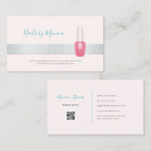 Tarjeta De Visita Técnico de uñas con brillo plateado y rosa sonrosa
