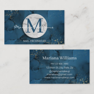 Tarjeta De Visita técnico de uñas con monograma de mármol azul elega