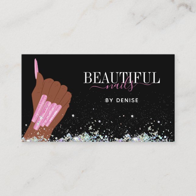 Tarjeta De Visita técnico de uñas de mano de mujer en salón holográf (Anverso)
