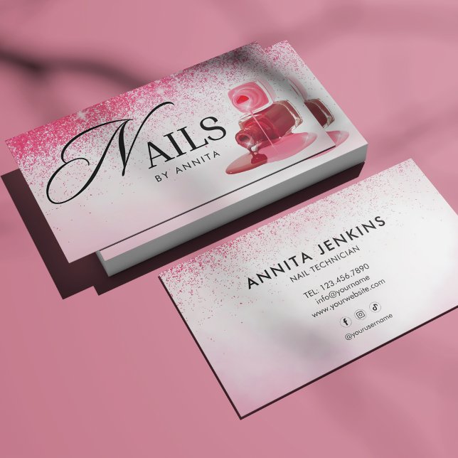 Tarjeta De Visita Técnico de Uñas Elegante con Brillo Rosa Monograma (Subido por el creador)