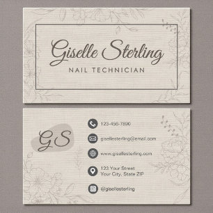 Tarjeta De Visita Técnico de uñas Neutro Lino Floral Elegante