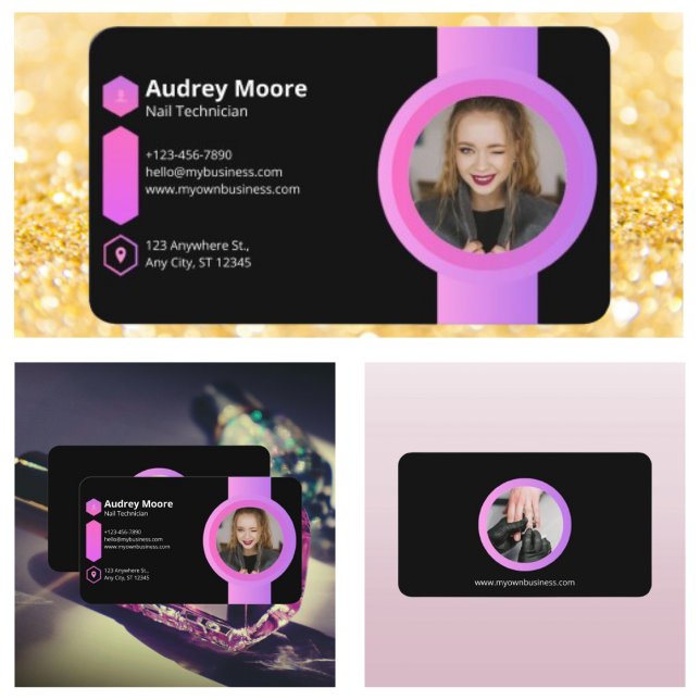 Tarjeta De Visita Técnico de uñas rosadas y negras (Pink & Black Nail Technician Business Card)