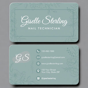 Tarjeta De Visita Técnico de uñas Verde azulado floral