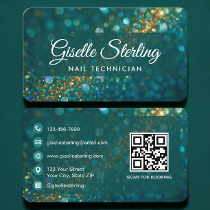 Tarjeta De Visita Técnico de Uñas Verde Dorado Código QR Profesional