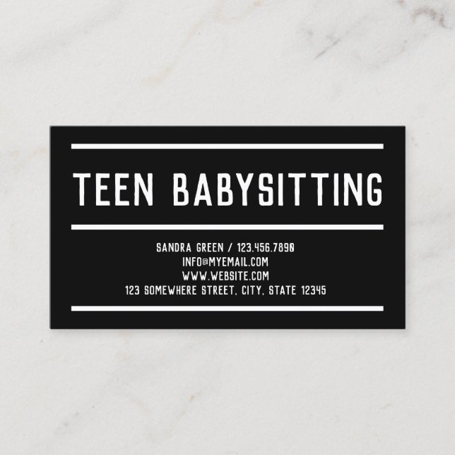 Tarjeta De Visita Teenage Sitter Adolescente Niñera (Anverso)