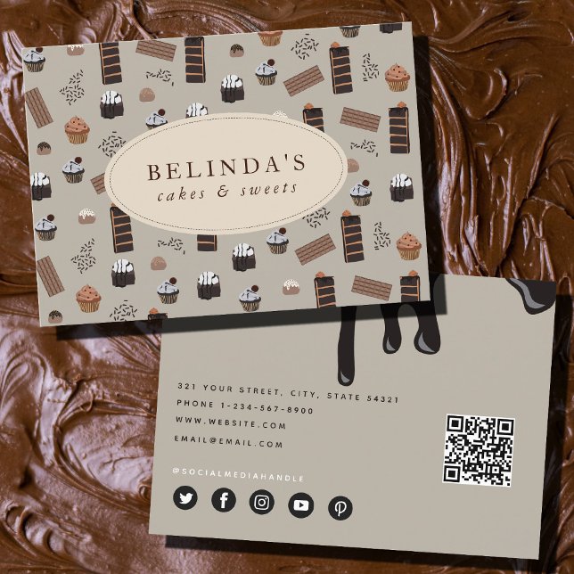 Tarjeta De Visita Tema de chocolate Panadería Chef Caterer Código QR (Chocolate Theme Bakery Chef Caterer QR Code Business Card)