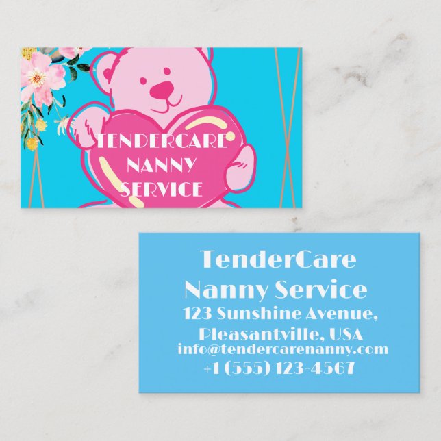 Tarjeta De Visita Tendercare Nanny Service Blue & Pink Teddy Bear (Anverso / Reverso)
