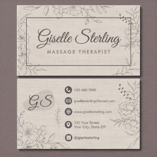 Tarjeta De Visita Terapeuta de Masaje Arte de Línea Floral en Lino B