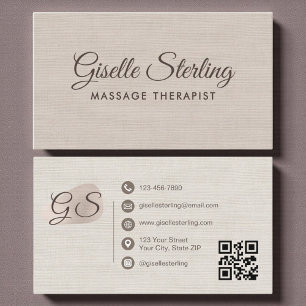 Tarjeta De Visita Terapeuta de Masaje Código QR Elegante de Lino Bei