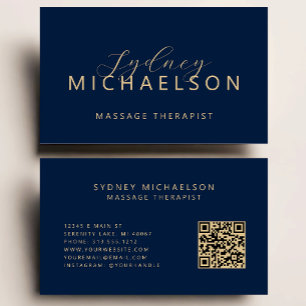 Tarjeta De Visita Terapeuta de Masaje Elegante Código QR Azul Marino