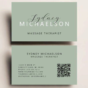 Tarjeta De Visita Terapeuta de Masaje Elegante Código QR Verde Sage
