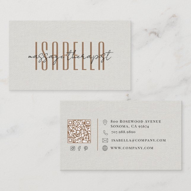 Tarjeta De Visita Terapeuta de Masaje Faux Linen Script (Anverso / Reverso)