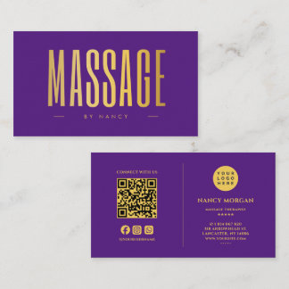 Tarjeta De Visita Terapeuta de Masaje Morado y Dorado Código QR y Lo