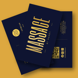 Tarjeta De Visita Terapeuta de Masaje Navy & Gold Código QR y Logoti