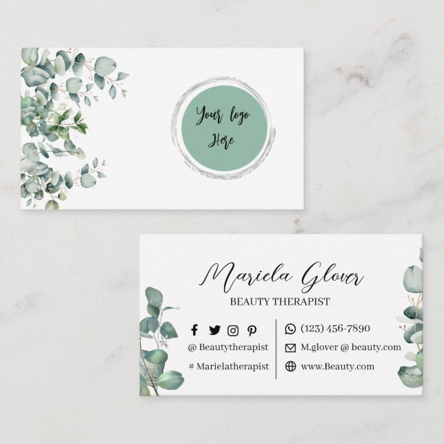 Tarjeta De Visita Terapia de belleza acuarela eucalipto (Anverso / Reverso)
