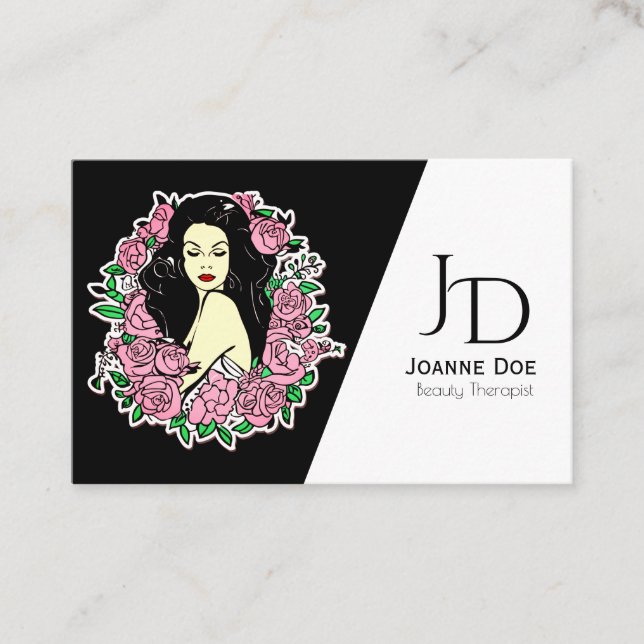 Tarjeta De Visita Terapia De Belleza Elegante Mujer Y Flores (Anverso)